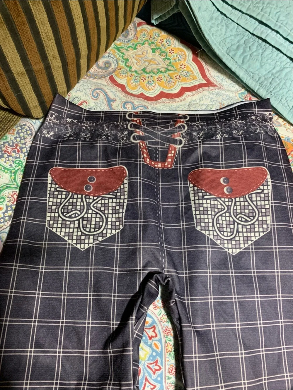 Black Plaid Kids Tights with Faux Belt Waistband